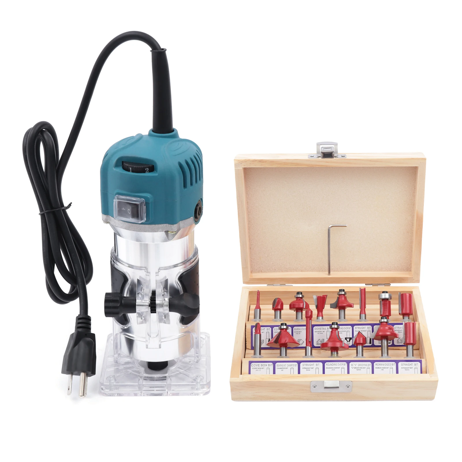 

Wood Router Tool, Compact Trim Router with 6 Variable Speed, 15 Wood Router Bits, Collets and Dust Hood