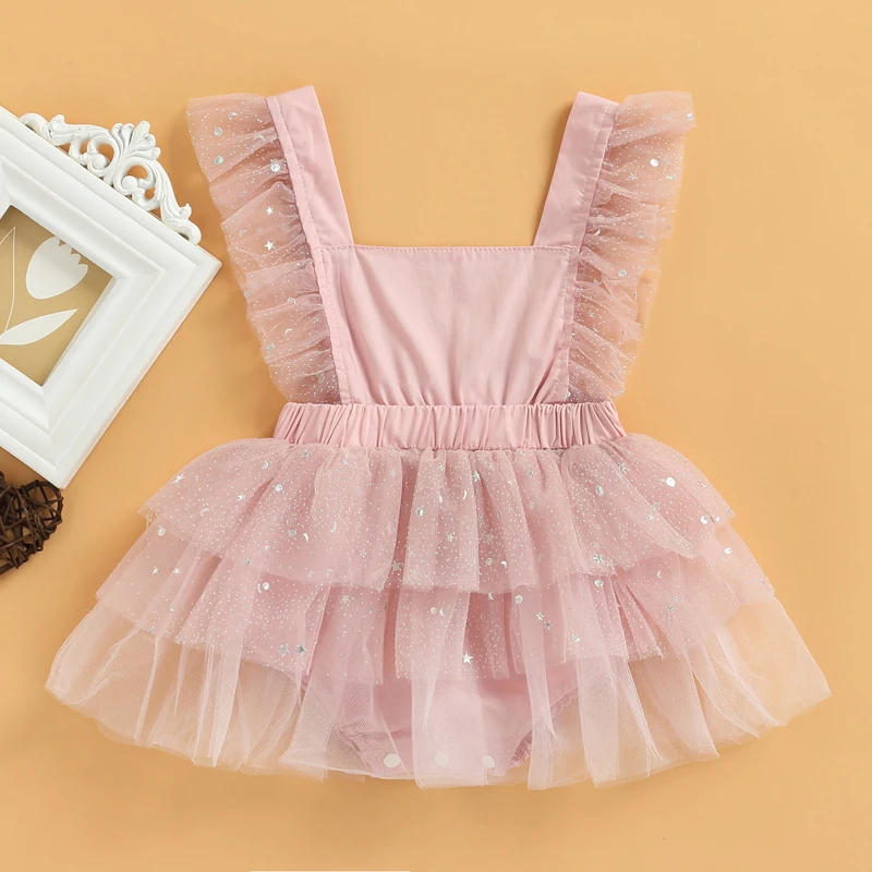 

Princess Baby Girls Romper Dress Star Sequined Printed Mesh Fly Sleeve Lace Patchwork Jumpsuits