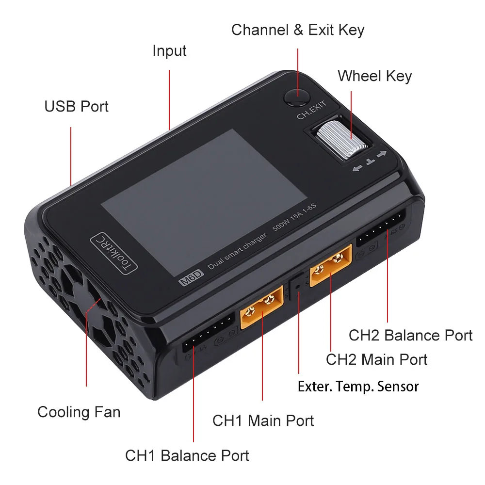 오리지널 ToolkitRC M6D DC 듀얼 채널 미니 스마트 충전기 방전기, 1-6S Lipo 배터리 FPV 모델 예비 부품, 500W