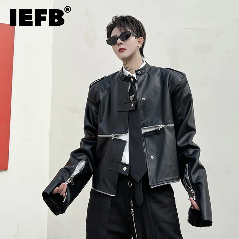 

IEFB Niche Design Pu Leather Jackets Men's Short Zipper Split Spliced Casual Cardigan Trend Korean Style Streetwear Lose 9C1802