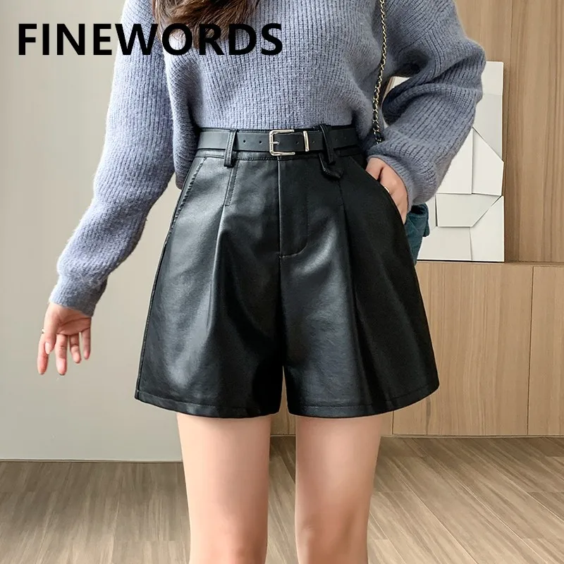 

FINEWORDS High Waist Solid Winter Wide Leg Shorts Women Korean Streetwear PU Shorts With Belt Casual Vintage Mini Leather Shorts