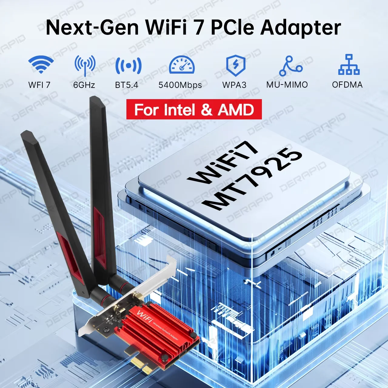 WiFi 7 BE6500 PCIe 네트워크 카드 MT7925 칩 블루투스 5.4 6500Mbps 고출력 안테나 무선 어댑터 (데스크탑 PC용, 윈도우 10/11)