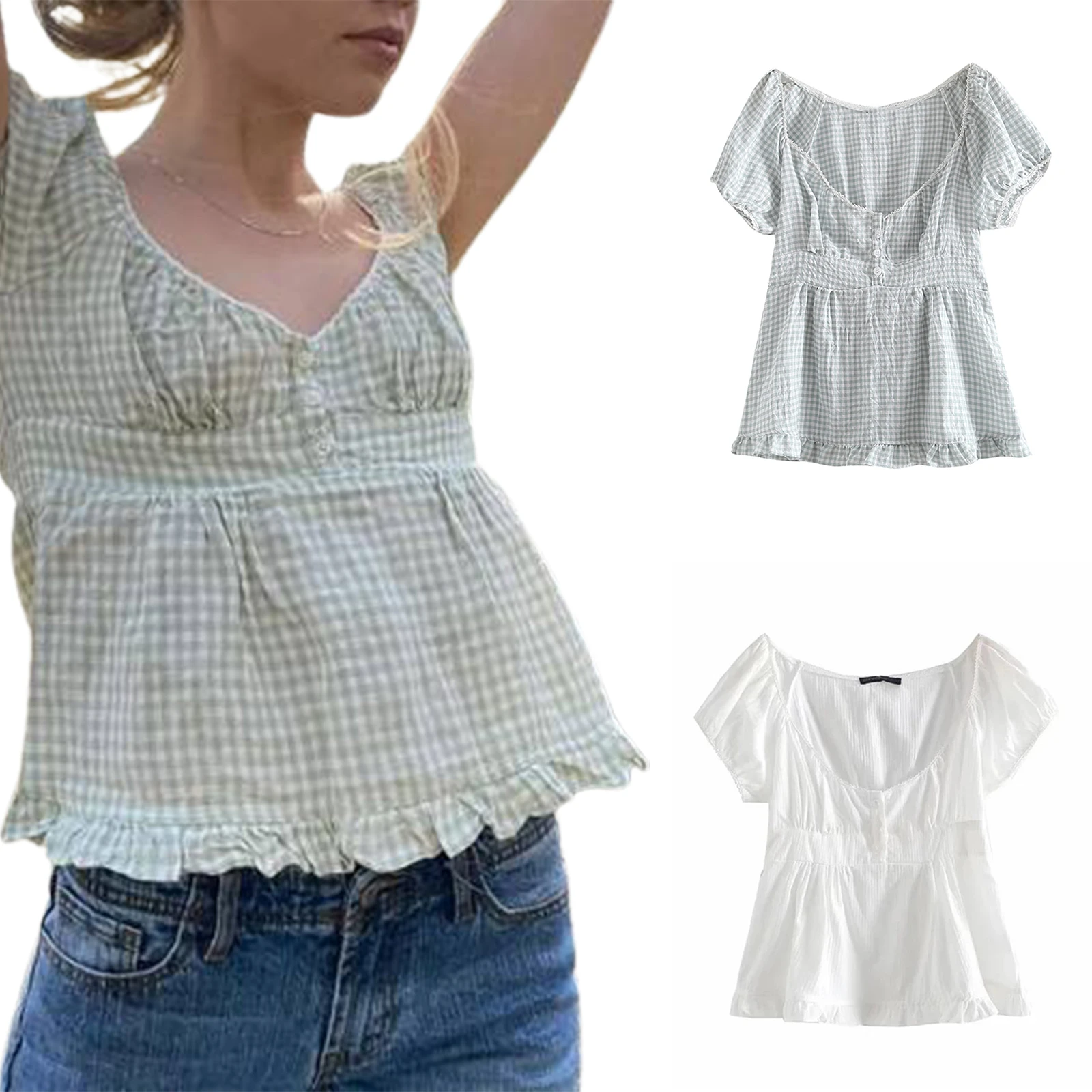 Women's Summer Short-sleeved T-shirt Solid Color/Check Low-necked Pleated  Hem Casual Tops