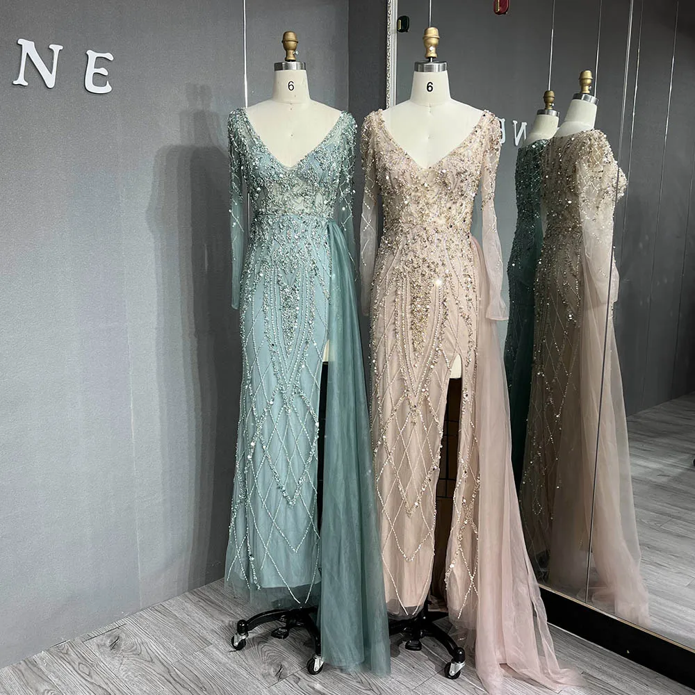 

Luxury Sage Long Sleeve Crystals Evening Dresses Long Tulle Formal Party Gown Robe De Soiree