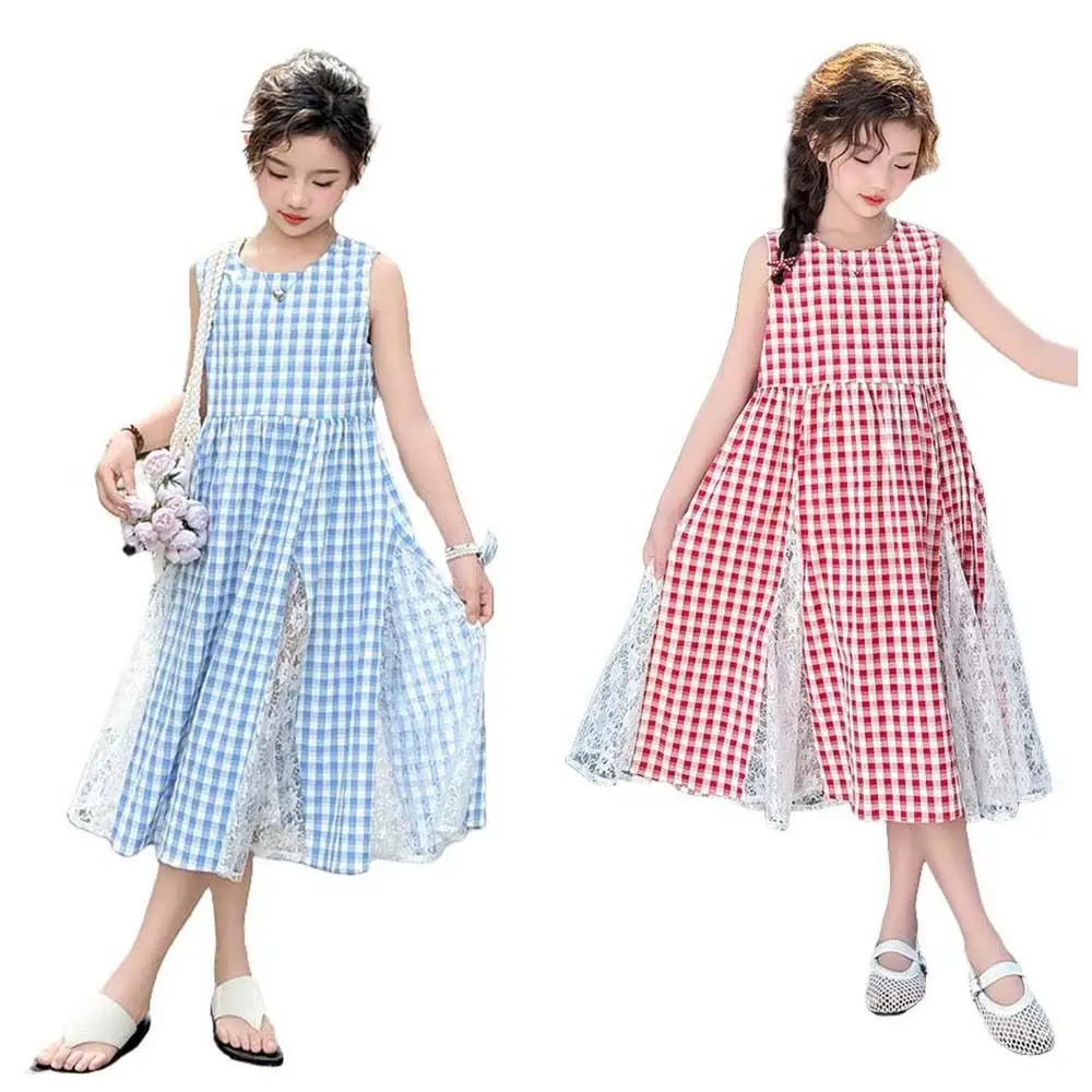 Round Neck Children Plaid Dress Sleeveless Princess Kids Grid Long Dress Long Casual Girls Patchwork Skirt Spring Summer