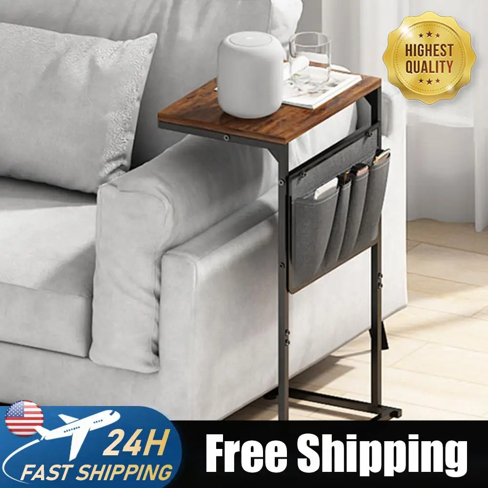 C Shaped Sofa Table TV Tray with Storage Bag Slide Under Sofa Small Table with Metal Frame for Small Space Living Room Bedroom