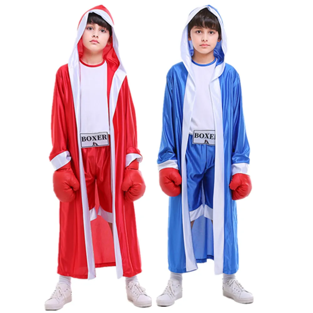 

Red Blue Boxer Robe Cosplay Costume Sports Boxing Robe Kids Boys Boxing Training Boxer Battle Uniform for Halloween Party