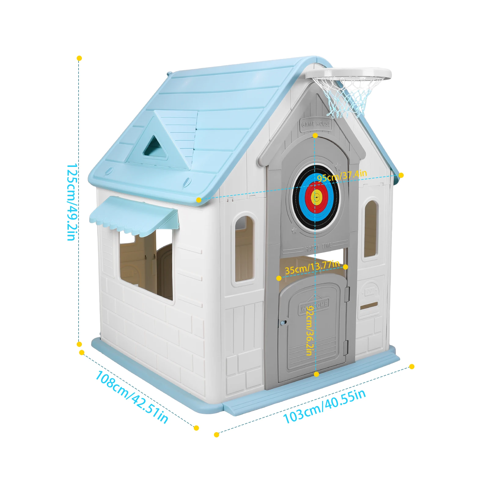 Kids Playhouse with Basketball Hoop Dartboard Garden Games Cottage (Light Blue)