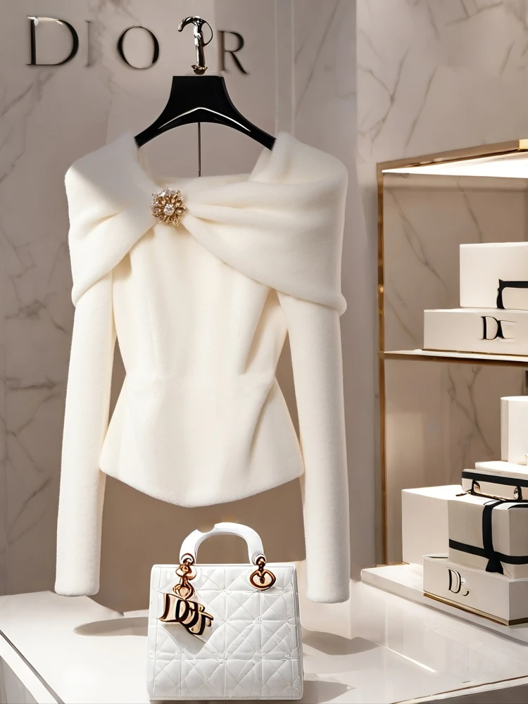 2025 New Elegant For Women White Knitted Sweaters Autumn Winter Fashion Long Sleeve Temperament Slimming Ladies Luxury Pullover 2