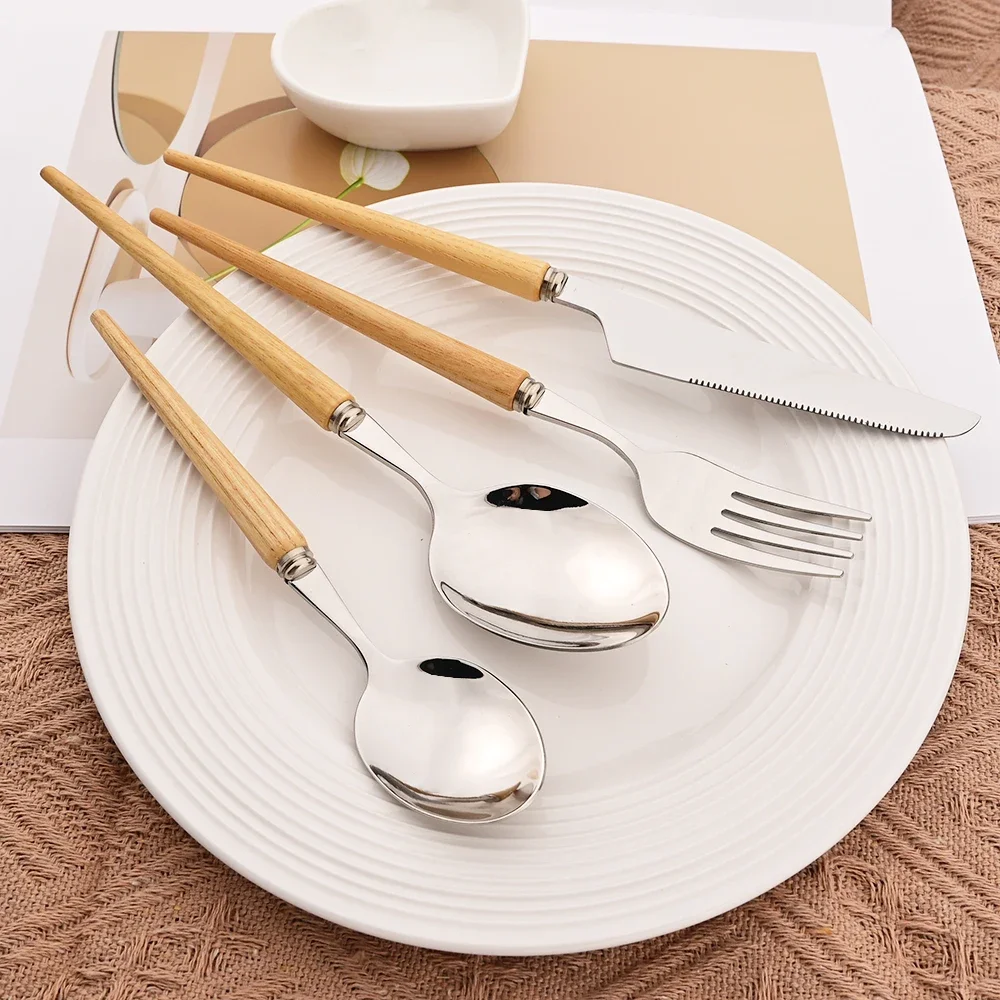 4Pcs Wooden Handle Tableware Set Stainless Steel Cutlery Set Knife Fork Spoon Dinnerware Festival Kitchen Gift Flatware Set