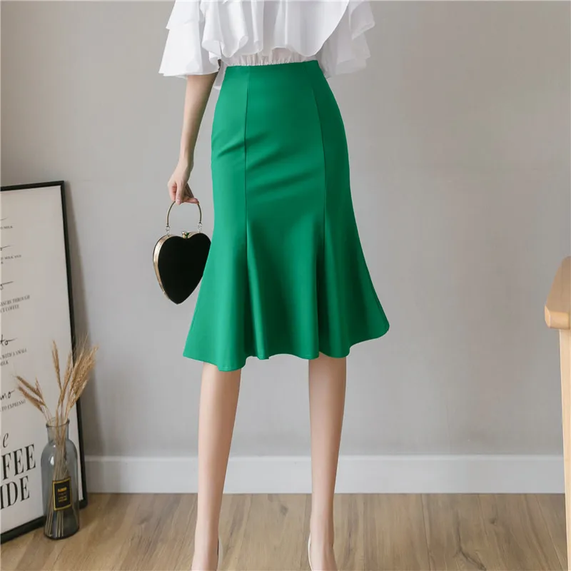 

Classic Vintage Green Mermaid Skirts Women Fashion 2023 Office Lady Stretch Hip-Wrap Midi Skirts Female Casual Stretch Skirts