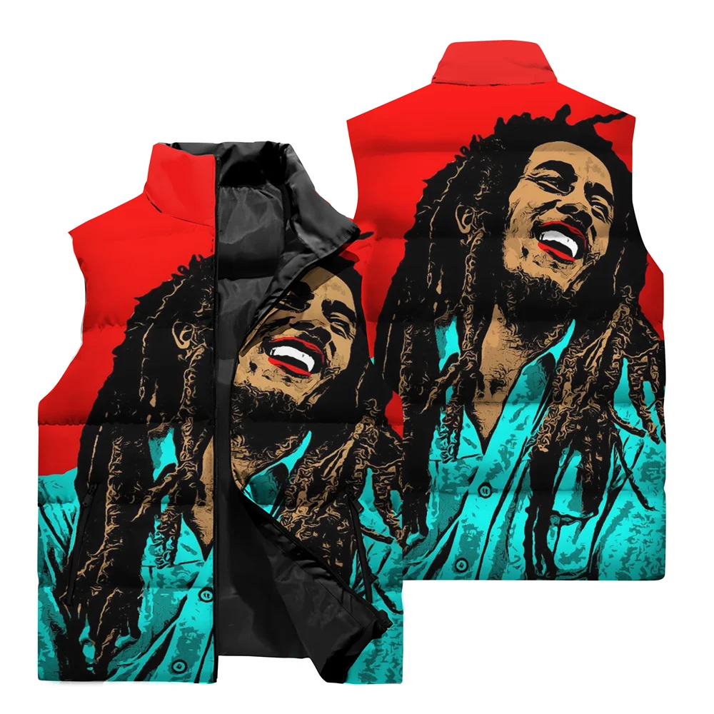 thumbnail image 1 of Chaqueta sin mangas con estampado 3D de Bob Marley Singer para hombre, para deportes al aire libre, estilo hip hop callejero, clásica, con cuello alto y cremallera, 1 of 4