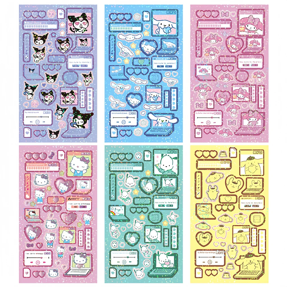 6PCS/set Sanrio Laser Fine Flash Series Hello Kitty Melody Kuromi Cute DIY Stickers Hand Ledger Cartoon Decorations