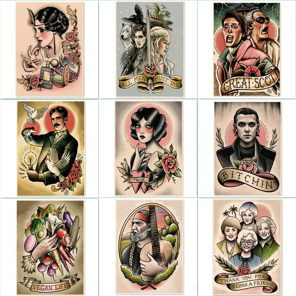 

Exquisite Tattoo Patterned Wall Hang Painting Vintage Kraft Paper Posters Wall Sticker Modern Art Print Barber Shop Home Decor