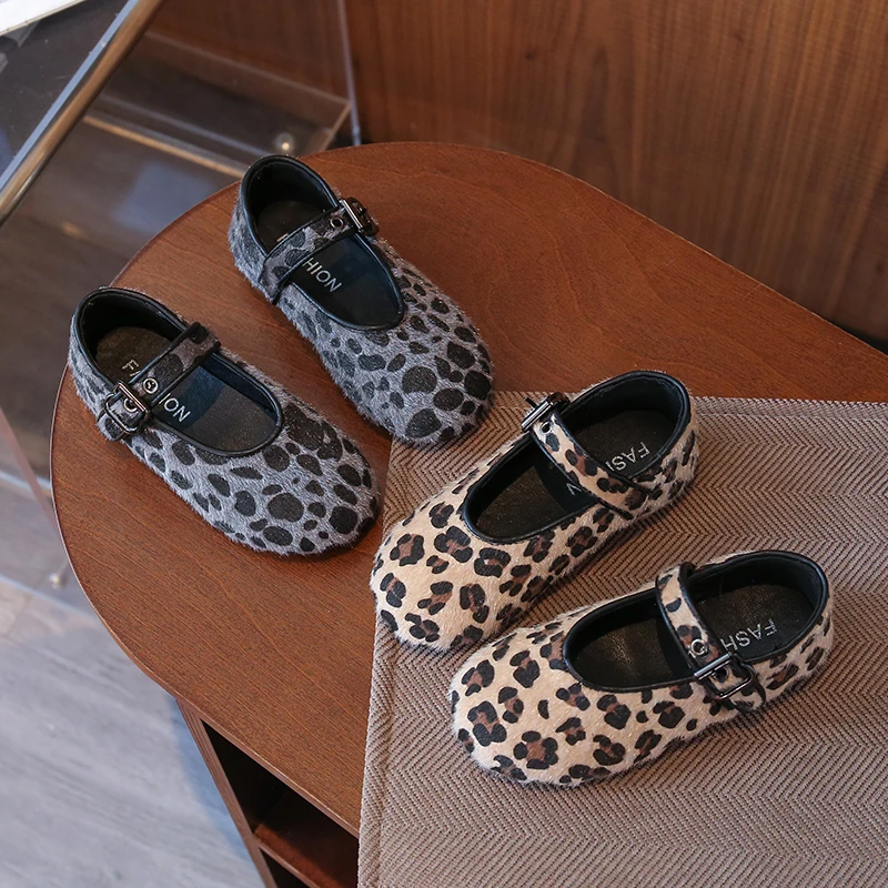 Girls Leather Ballet Flats Shoes Animal Prints Soft Sole