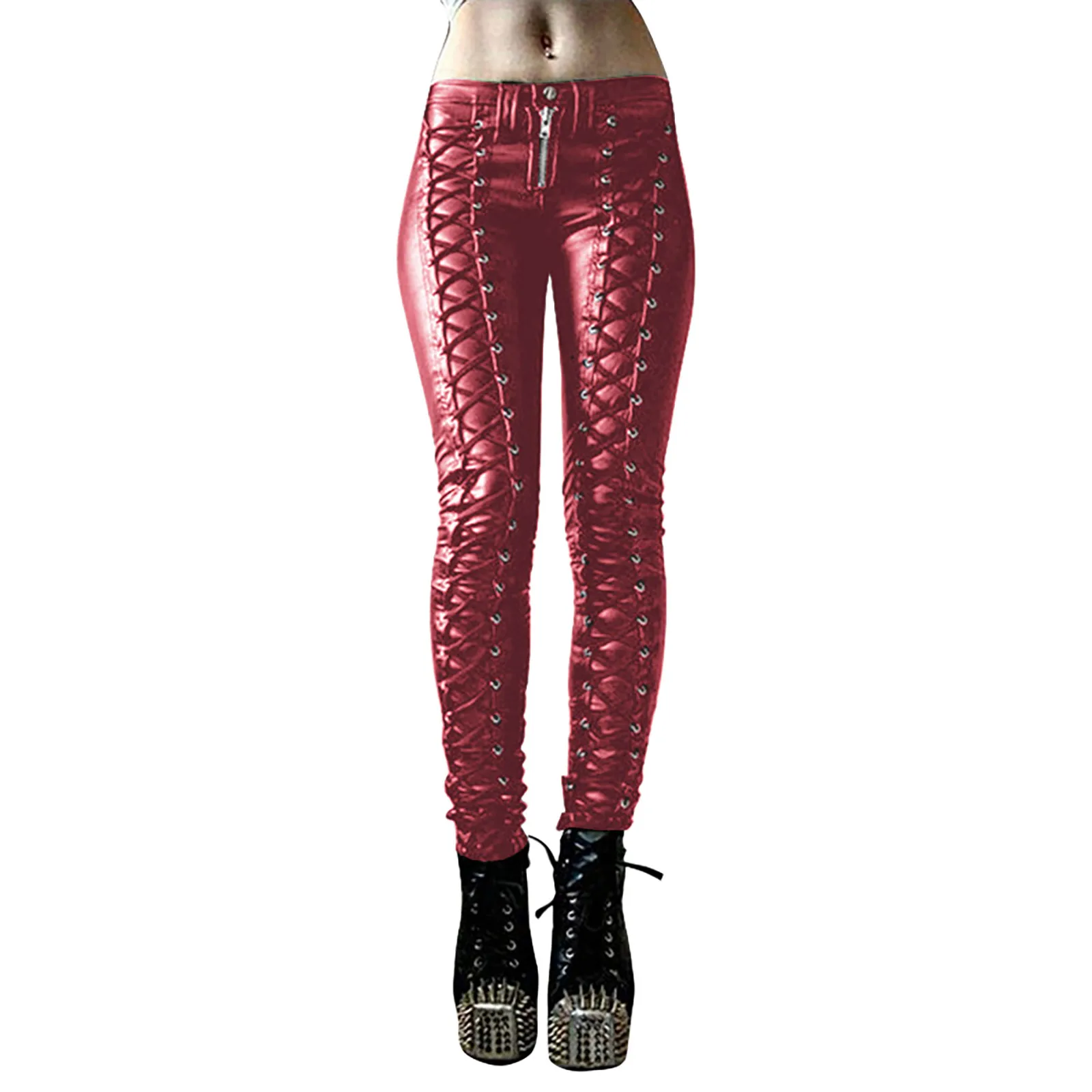 

Y2k Women Retro Pu Leather Pants Steampunk Rivet Lace-Up Pencil Pants Skinny Trousers Streetwear Casual Bottoming