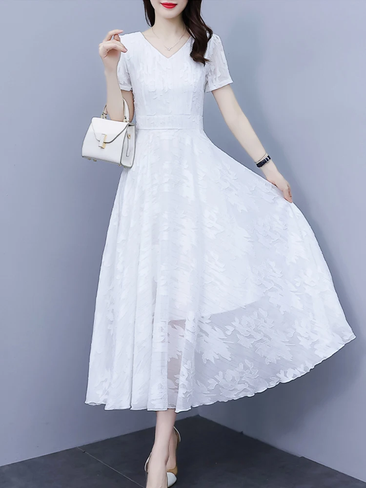 

Women Dresses Summer Clothes For 2023 Midi Chiffon Casual Korean Fashion Robe White Beach Chic Elegant Evening Party Maxi Dress