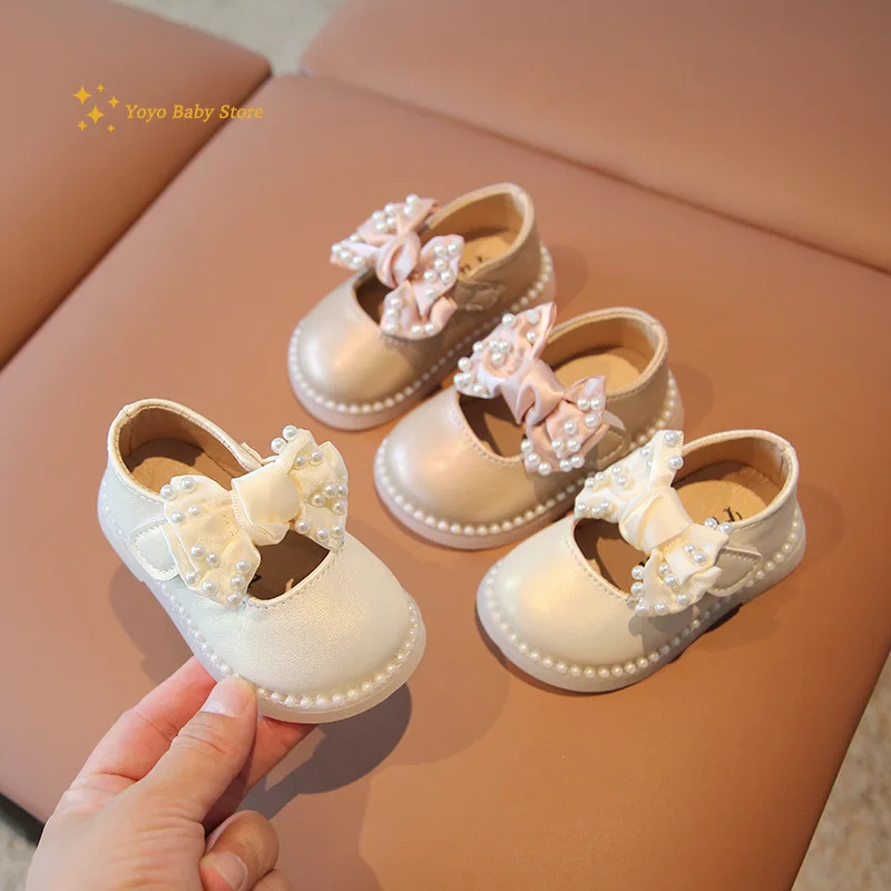 Baby Girls Big Bow Shoes Low Heel Flower Wedding Party Dress Shoes Princess For Kids Toddler Leather