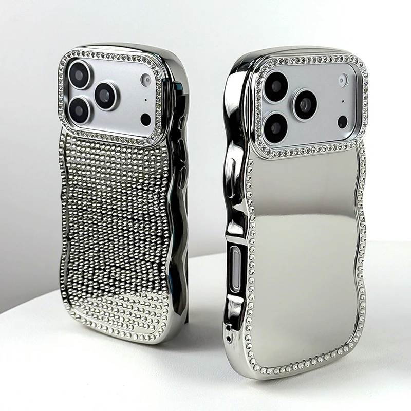 Luxury Silver Sparkling Diamonds Wavy Border Phone Case - Plating Shockproof Back Cover
