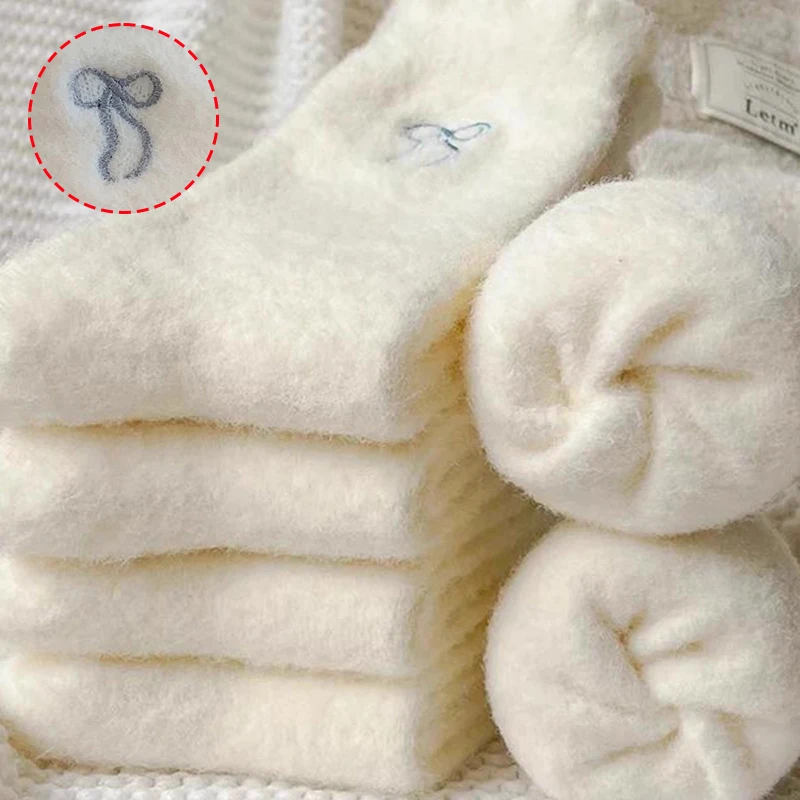 Cozy Mink Velvet Bow Plush Socks - Warm Fluffy Hosiery
