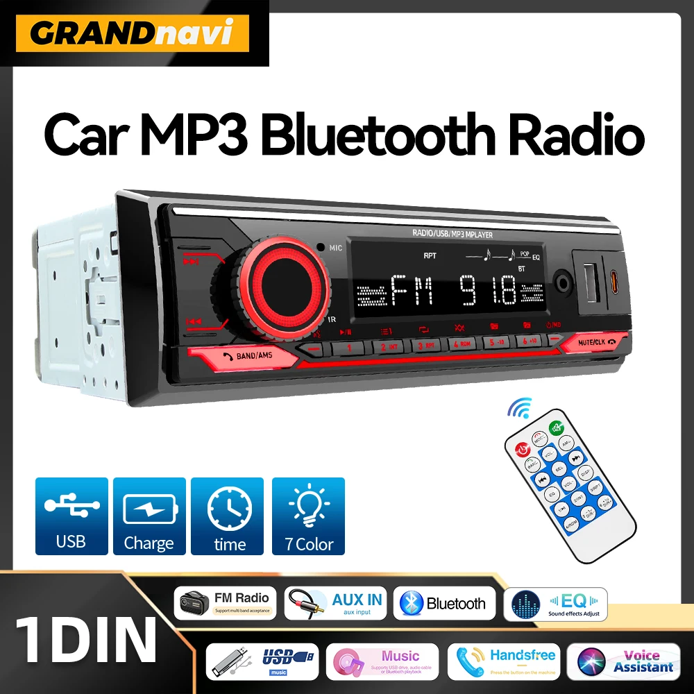 Autoradio 1-DIN Stereo MP3-Player Bluetooth FM-Empfänger mit Fernbedienung AUX/USB-Unterstützung Typ-C Telefonaufladung Sprachassistent