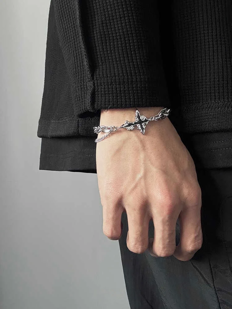 Retro Flame Cross Bracelet For Men Woman Hip Hop Titanium Steel Splice Chain Charm Unisex Jewelry Cool Kpop Luxury Accessories