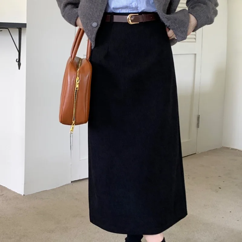 Matakawa Corduroy Long Skirts Autumn Winter Solid A-line Vintage Faldas Mujer Korean Fashion High Waist Simple Women Skirt