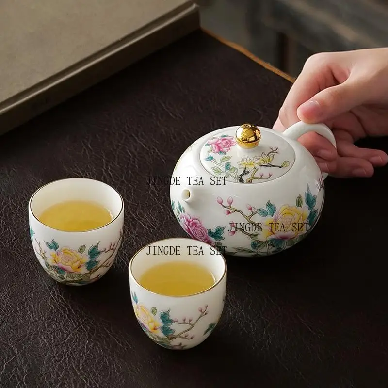 1 set of 3 Dehua ceramic peonies sheep fat jade porcelain gilded roasted flowers Chinese style Xishi teapot