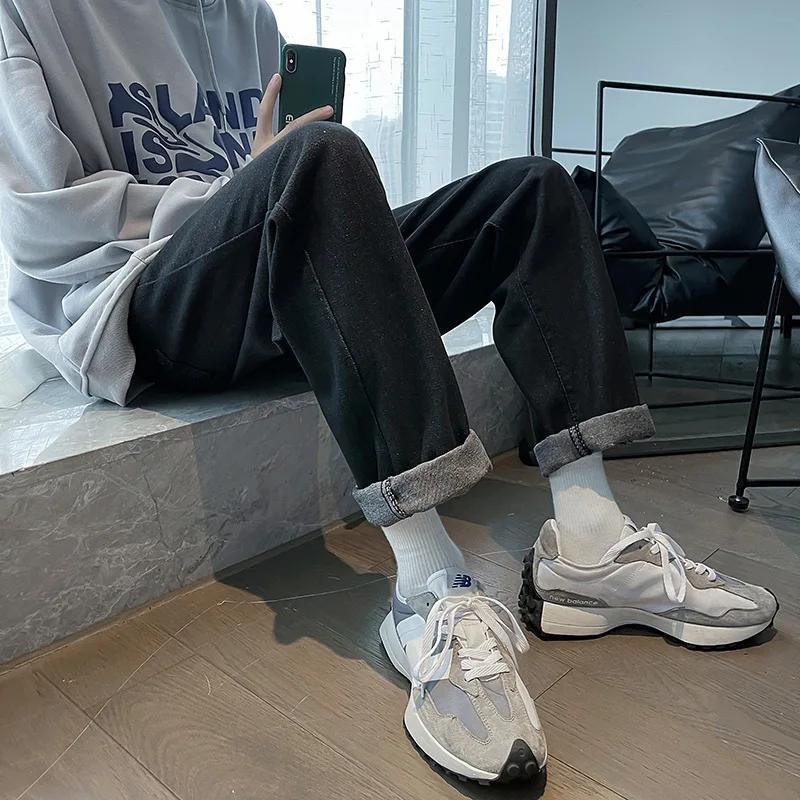 ICCLEK Solid Color Straight-leg Jeans Men's Autumn High Street Jeans Loose Casual Wide-leg Trousers Mens Jeans  Jeans Men