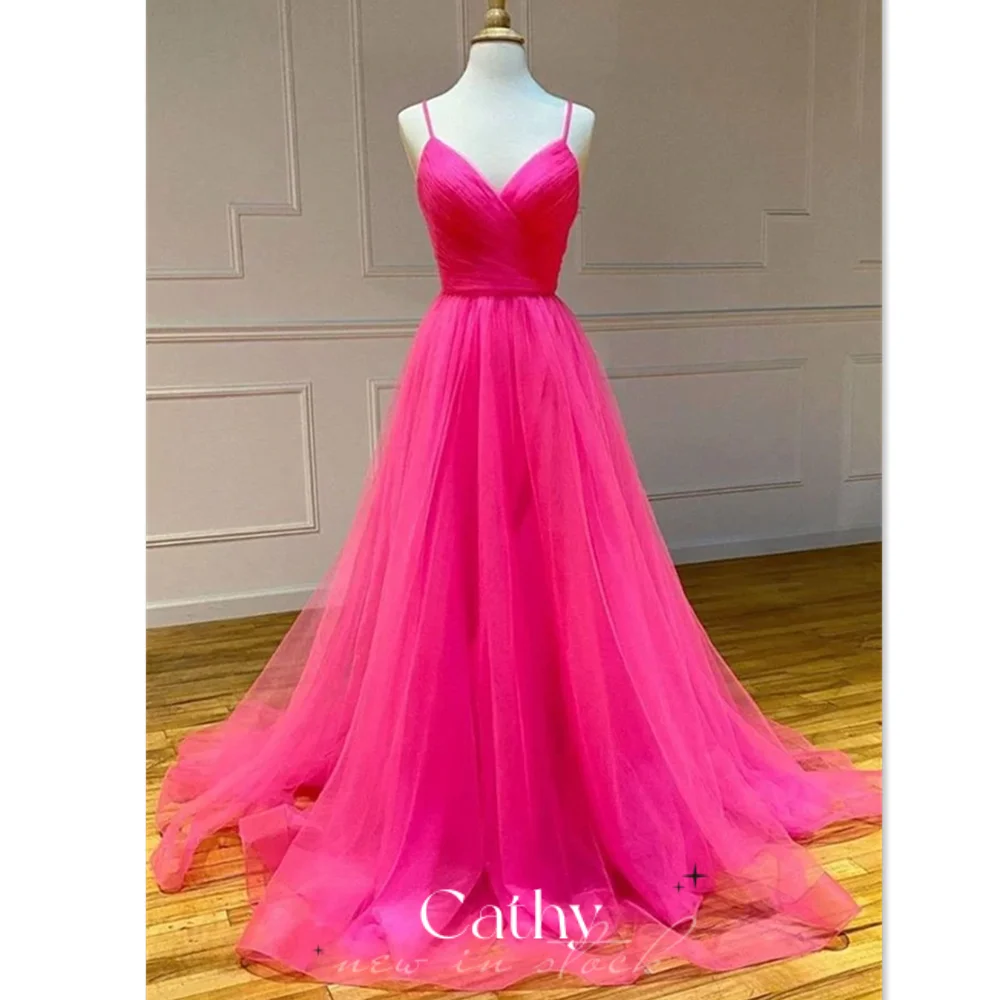 

Cathy Rose Pink فساتين السهرة Sexy Spaghetti Strap Prom Dress Princess A-line Party Dresses Tulle Sweep Tail Vestidos De Noche