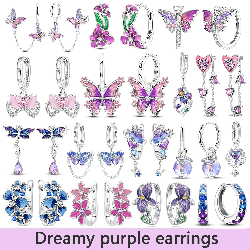 925 Silver Pastel Violet Sparkling Bowknot Hoop Earrings Starlight Crystal Stud Earrings for Women Diamond Huggie Birthday Gift