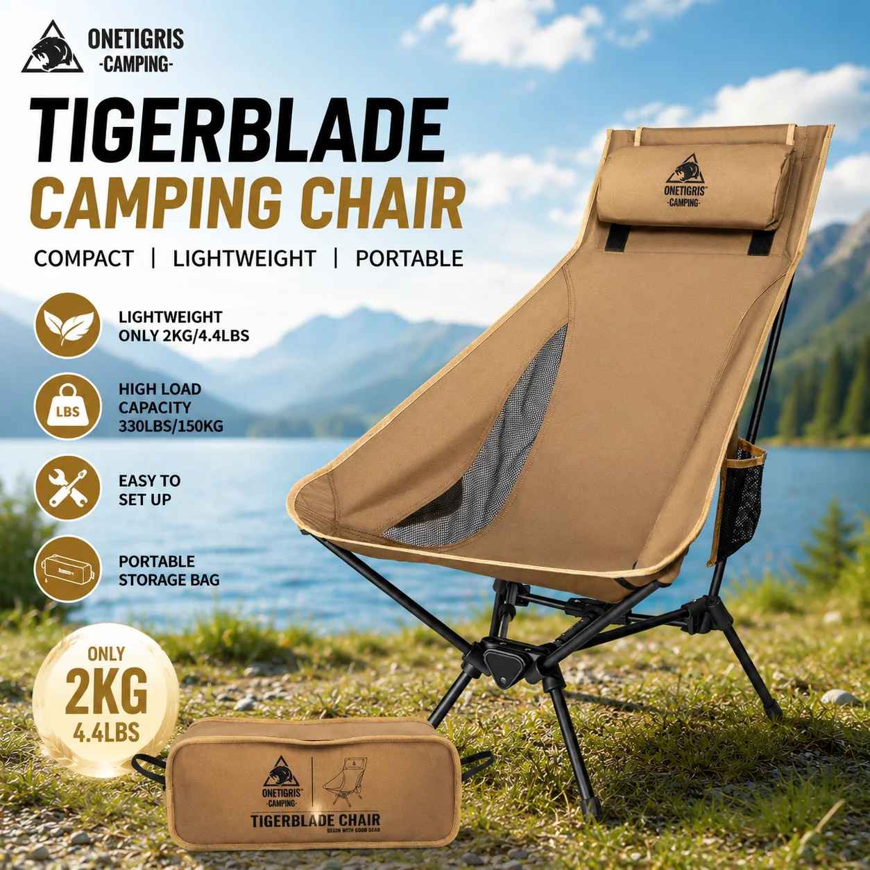 Chaise OneTigris Tigerblade pour pêche - Siège pliable robuste pêche trekking activités extérieures confortable