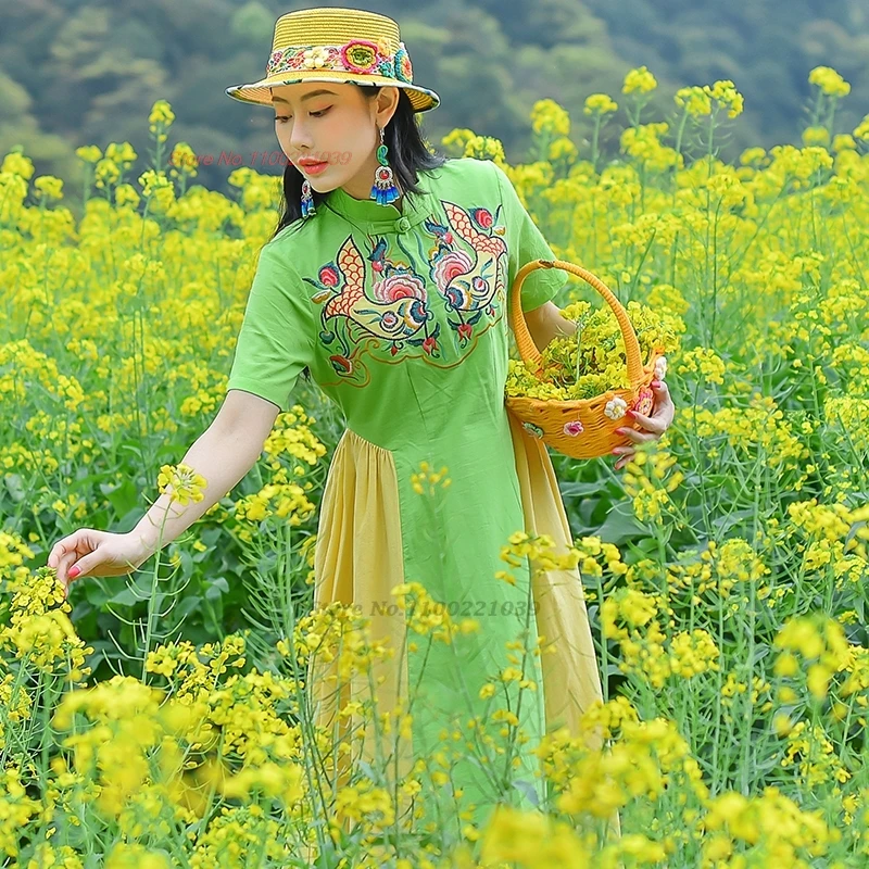 

2024 traditional chinese vintage dress national flower embroidery a-line dress oriental folk dress improved cheongsam dress