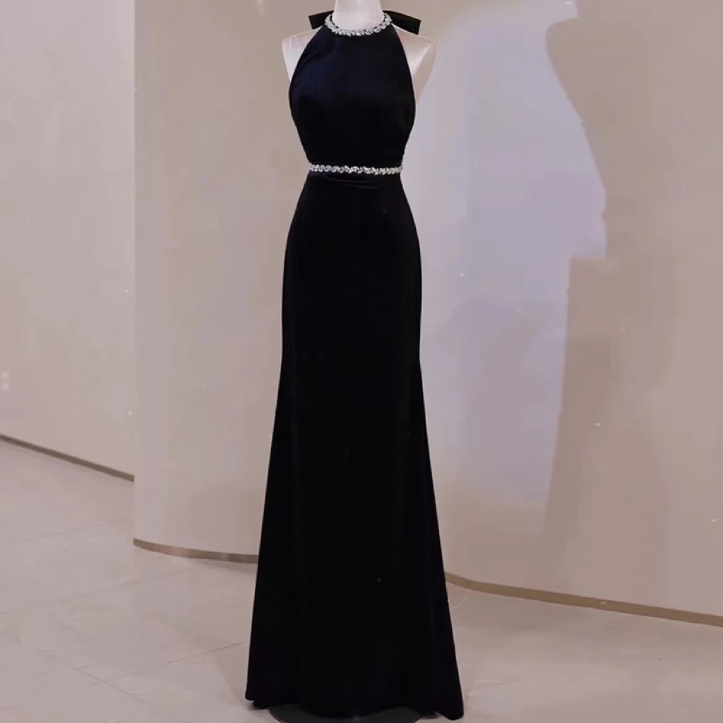 

Black Mermaid Velvet Prom Dresses Halter Bow Backless Beaded Crystal Zipper Special Occasion Women Formal Evening Party Gown New
