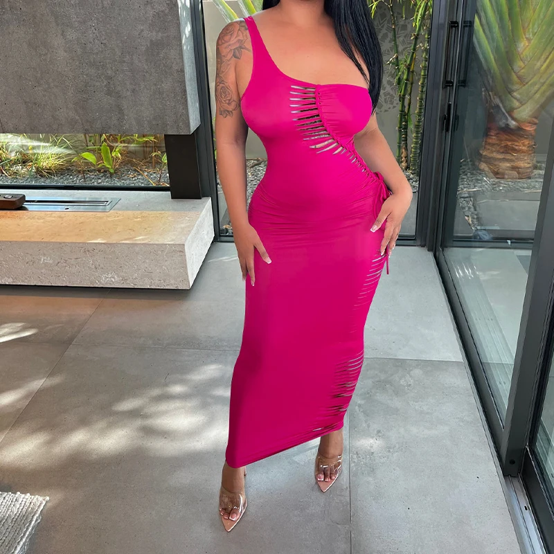 

Hot Sexy Ladies Hollow Out Long Dress Club Party Outfits One Shoulder Sleeveless Backless Asymmetric Side Tie Fashion Chic Dress