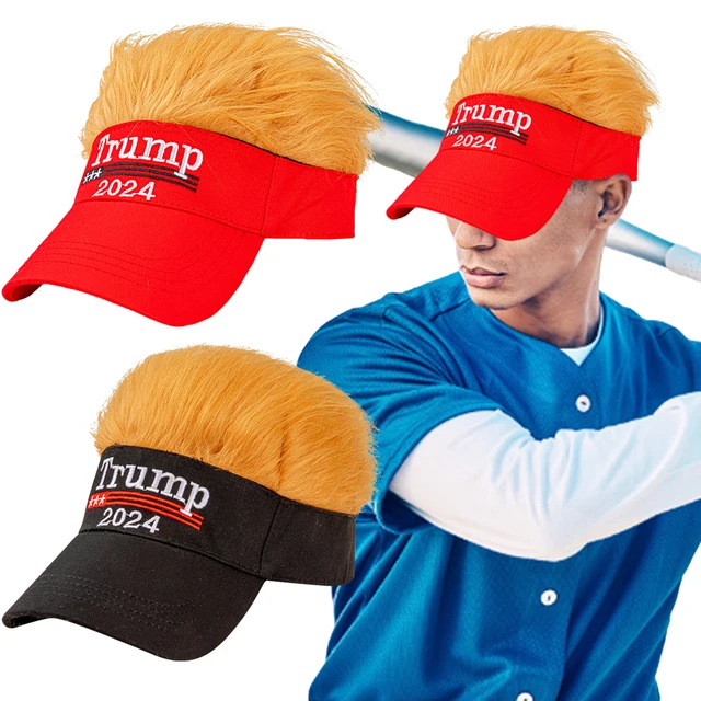 Trump 2024 Hat with Hair Summer Sun Hat Funny Sun Protection Hat Adjustable Wigs Half Hat Breathable for Outdoor Sports 1