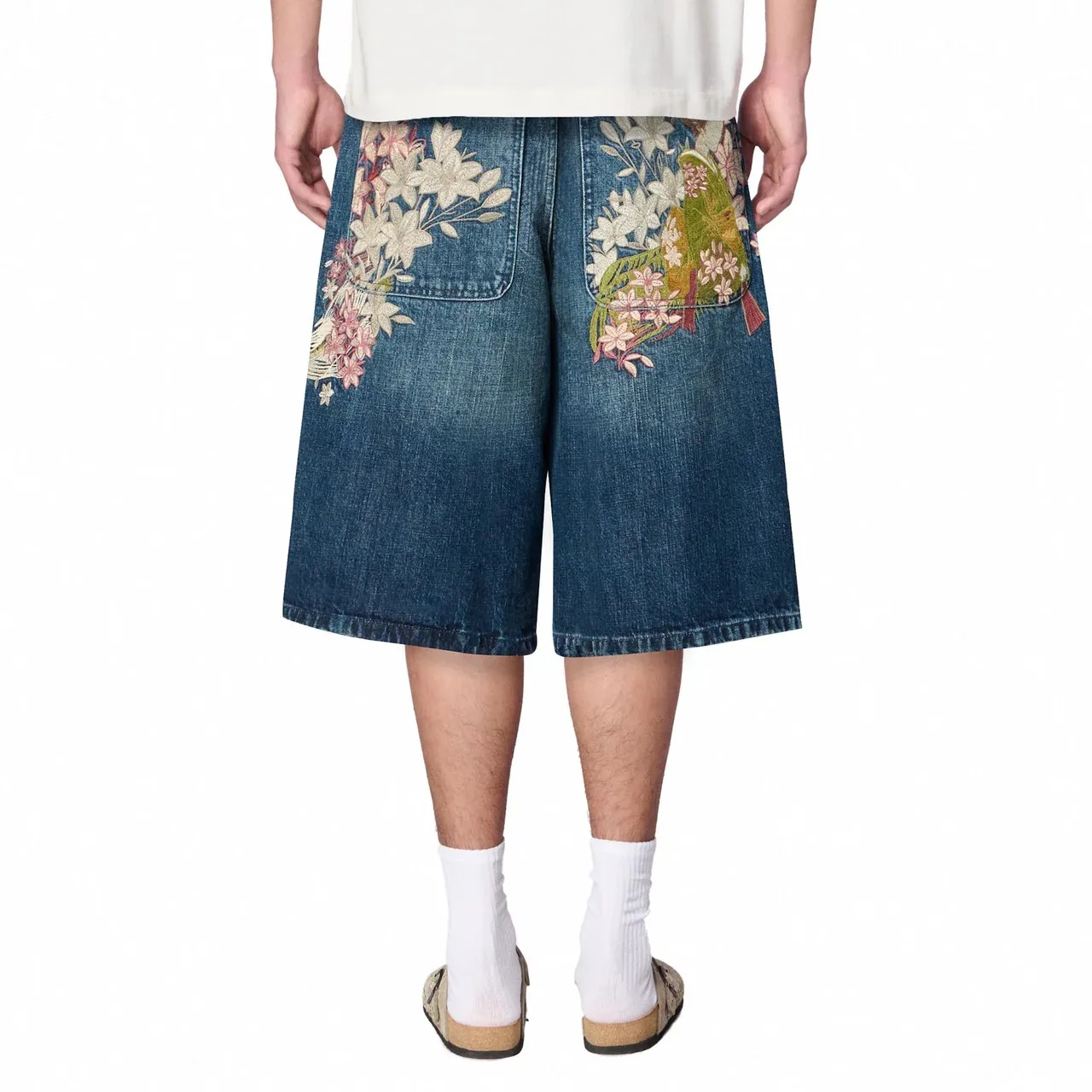 Y2k Retro Blue Wide Leg Denim Shorts Skateboard Streetwear Hip Hop Japan Kimono Embroidered Shorts Men Casual Baggy Jeans Jorts 6