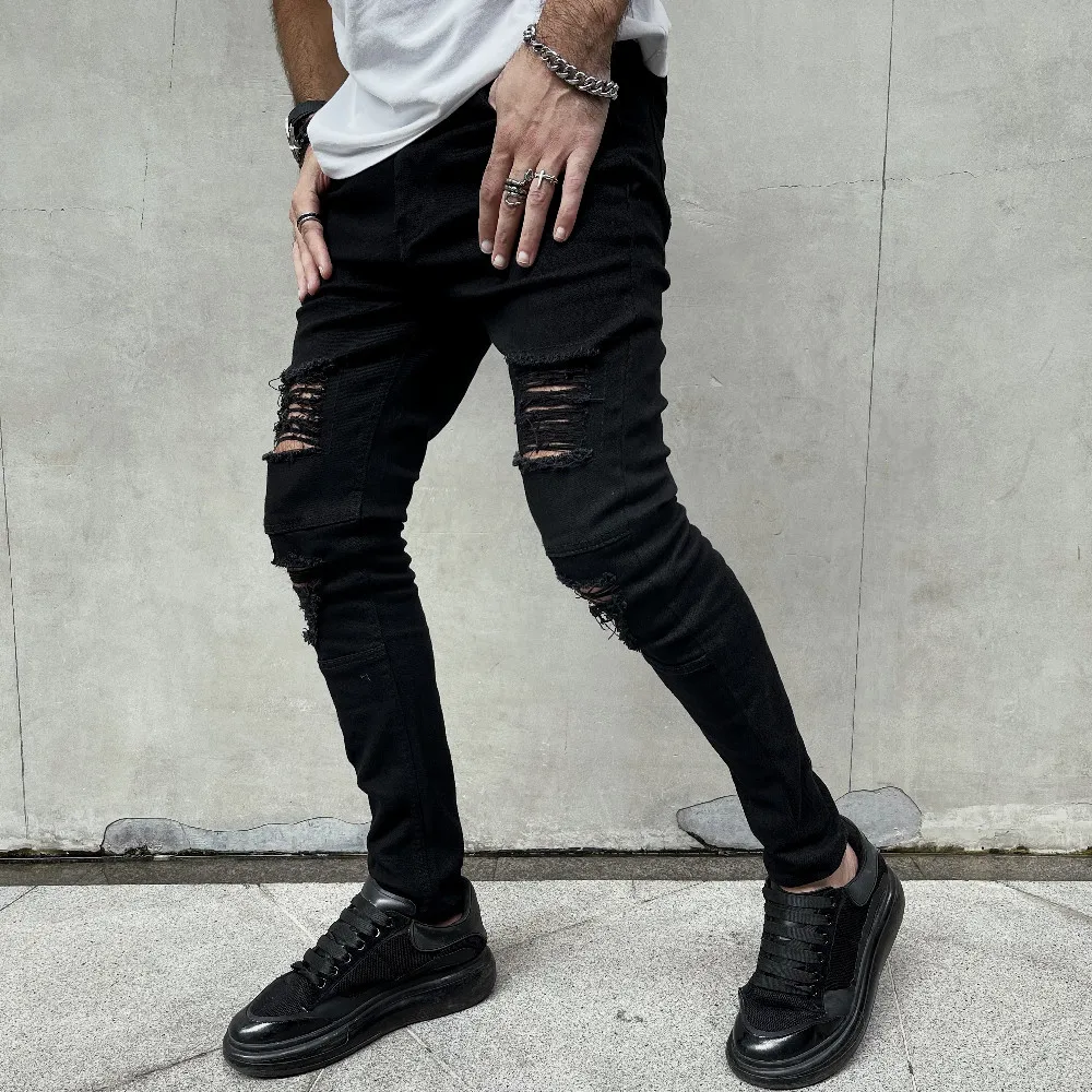 Men Ripped Skinny Pencil Jeans Stylish Slim Holes Casual Denim Pants for men jeans,ripped jeans