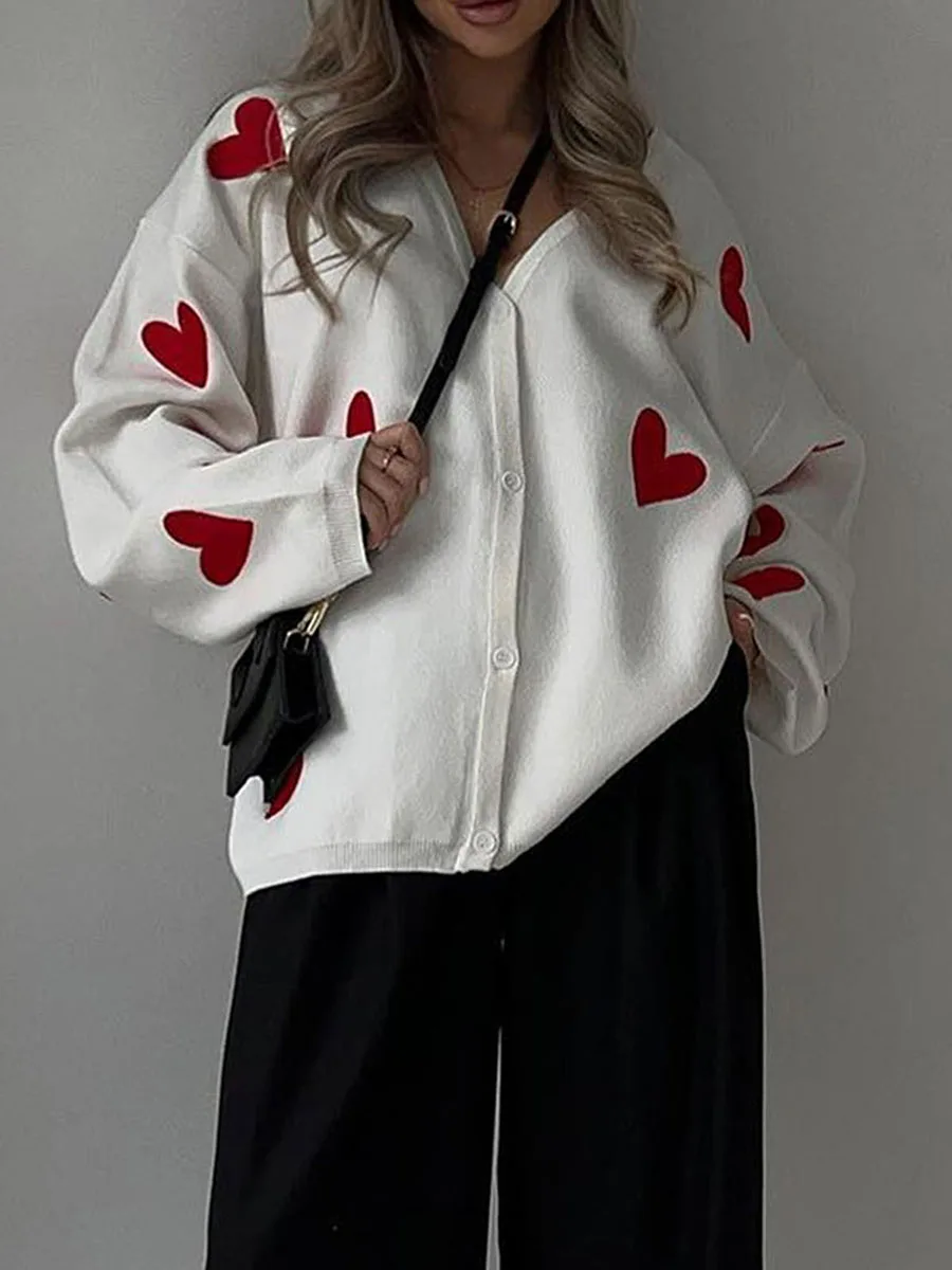 

Women's Autumn Loose Knit Cardigan Sweet Heart Embroidery Long Sleeve V-Neck Sweater Button Down Jacket Coat Korean Style