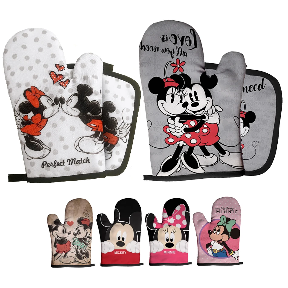 Mickey and Minnie Baking Gloves Cartoon Insulation Mat Pink Microwave Oven Mitt Anti-heat Cooking Potholders Kitchen Accessories Silicone Oven Mitts Kitchen Gloves Silicone Oven Gloves Cotton Pot Holders