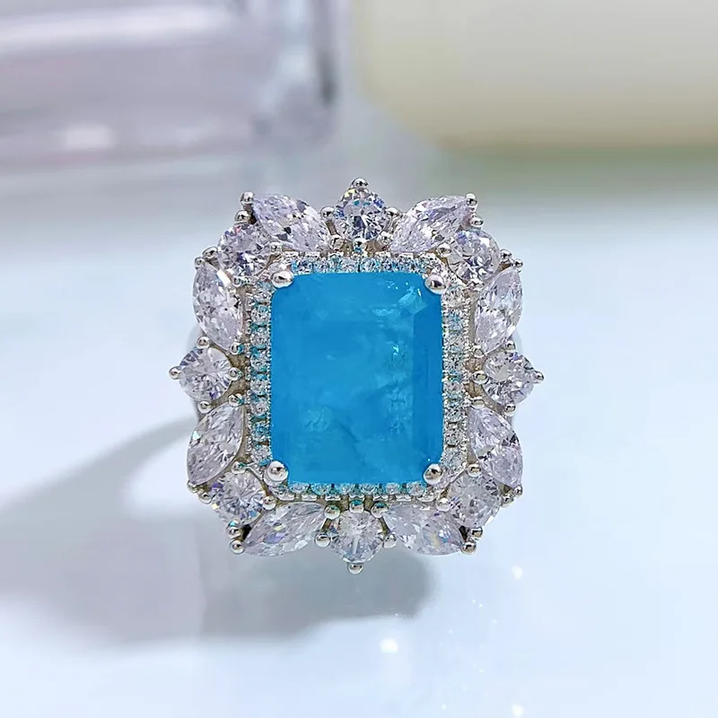 

Spring Qiaoer 100% 925 Sterling Silver Paraiba Tourmaline Rings Charms Gemstone Lab Diamond Wedding Engagement Band Fine Jewel