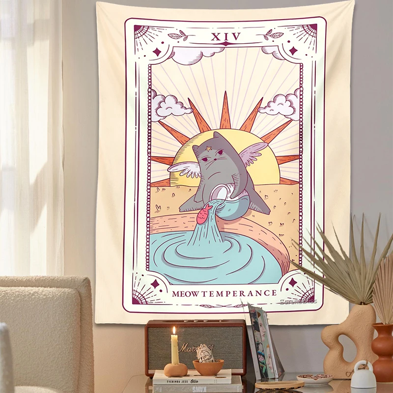 Cute Cat Tarot Tapestry Wall Hanging psychedelic decoration Witchy Boho sun moon Star Tapestries Living Room Kids Room Bedroom tapestry decorations