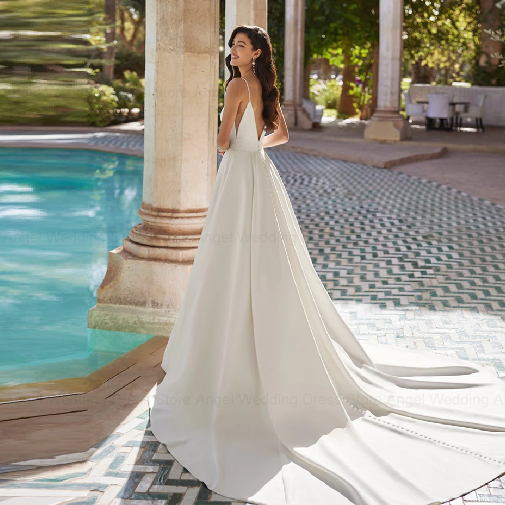 ANGEL Backless Satin Simple Wedding Dresses 2024 Sleeveless Spaghetti Strap A-Line V-Neck Bridal Gowns Button Vestidos de Novia 2