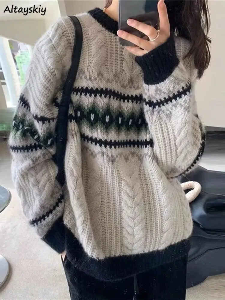 

Женские пуловеры, свободный винтажный жаккардовый осенний модный Удобный прочный свитер с круглым вырезом, универсальный Повседневный вязаный базовый свитер в Корейском стиле