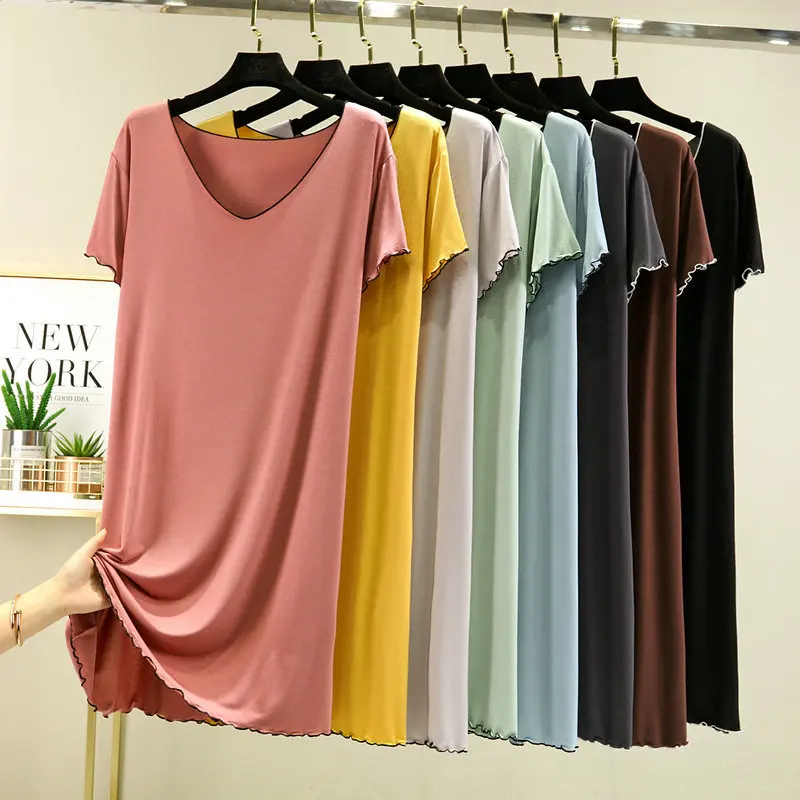 Casual V-ausschnitt Nachtwäsche Kleid Einfarbig Kurzarm frauen Nachthemden Sommer Nachthemd Weibliche Lounge Hause Tragen Nacht Hemd – Detail 3
