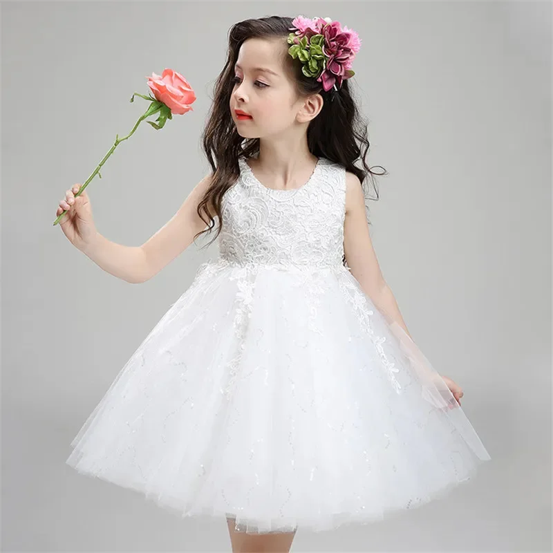 

Summer Baby Kids Girl Dress 2023 New Princess Lace Flower Bow O-Neck Sleeveless Dresses Mesh Children's Day Performance Costume