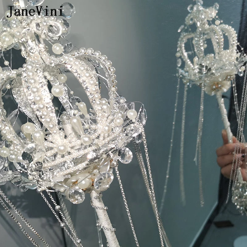 JaneVini Sparkly Silver Crystal Tassel Bridal Hand Bouquets Artificial Flowers Bouquet Pearl Scepter Wedding Bouquet Accessories