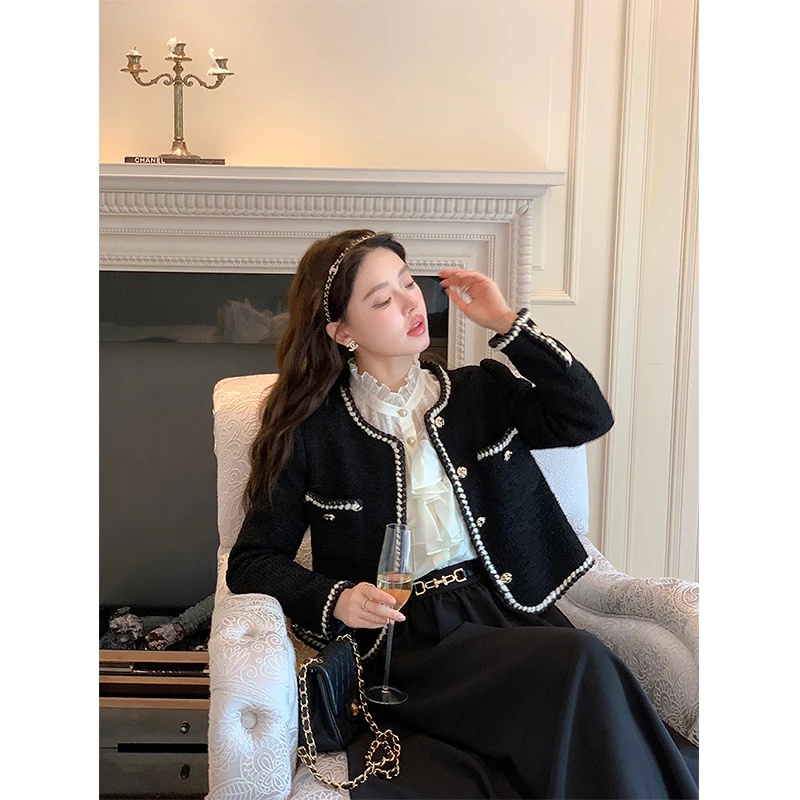 Vintage Cropped Tweed Jackets Women Elegant Black Thicken Coat Korean Single Breasted Blazer Casual Warm Short Outerwear Tops 3