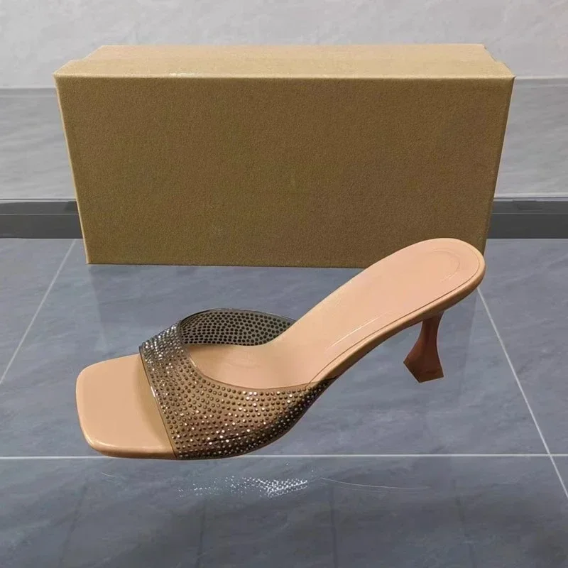 Women High Heeled Sandals Luxury Shiny Rhinestone Elegant Peep Toe Summer Slingbacks Plastic PVC Ladies Shoes
