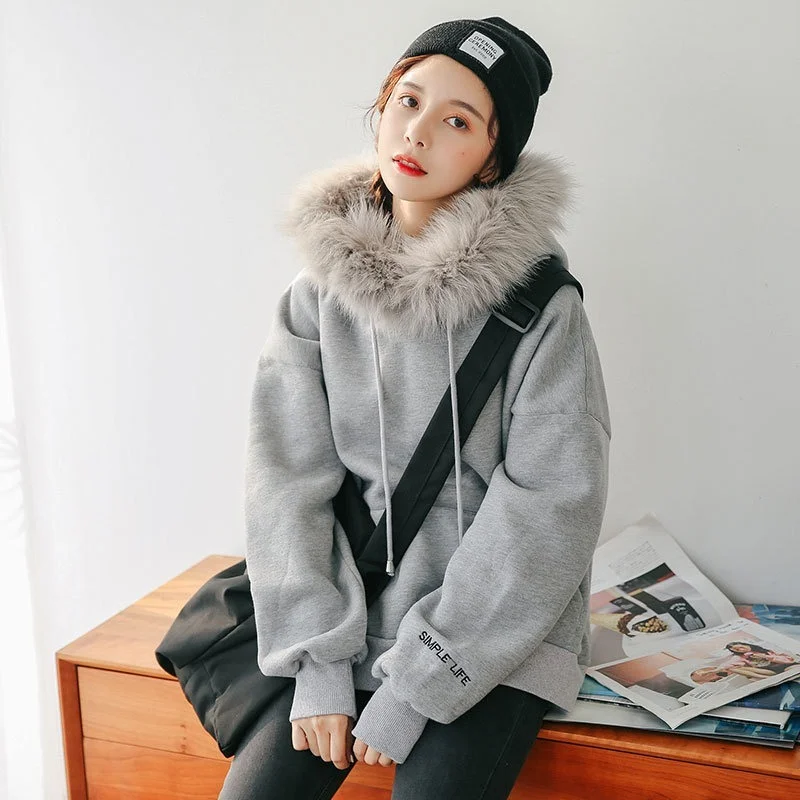 

ZOUXO Hoodies Women 2022 Autumn Winter Fur Collar Thick Hoodies New Fashion Simple Grey Hooded Clothes